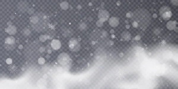 Karácsonyi Háttér Overlay Levegőben Repülő Fehér Hópelyhek Erős Hóesés Átlátszó — Stock Vector