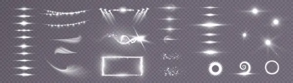 Set Aus Weißen Scheinwerfern Lichtblitze Auf Transparentem Hintergrund Leichtes Gestell — Stockvektor