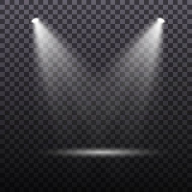 Spot ışığı, şeffaf arkaplanda izole edilmiş. Şeffaf ışınlarla parlayan ışık efekti.