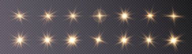 Şeffaf bir arkaplanda altın yıldızların parıltısı. Bulanık ışık vektör koleksiyonu. Işık, güneş, titreşim.