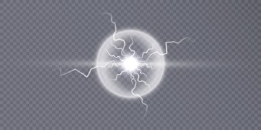 Şeffaf bir arkaplanda bir alev topu, parlak bir ışık ve yıldırımla iki kuvvetin çarpışması..