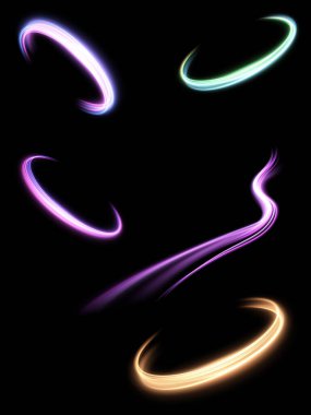 Dynamic purple lines with glow effect. Rotating shiny rings. Abstract sparkling whirlpool, wave of light.