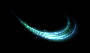 Yumuşak kıvrımlı çizgileri hareket ettirme kavramında ışık etkisi. Pürüzsüz, dalgalı çizgilerle parlayan mavi ışık. Vektör