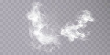 Kabarık beyaz duman bulutları ya da şeffaf arkaplanda gerçekçi dokusu olan buhar. Sis, soğuk nefes, sihir ya da patlama simülasyonu için vektör dumanı.