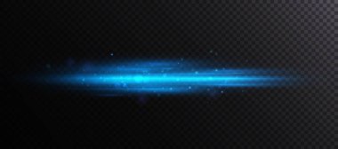 Soyut mavi yatay ışık flaşı ve parıltılı lazer ışınları. Şeffaf arkaplanda izole edilmiş. İllüstrasyon ve web tasarımı için vektör.