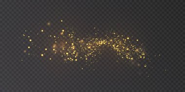 Parlayan toz bulutunun parlak bokke ve parıldayan ışık efektleriyle altın sihirli ışık efekti. Sihirli altın patlama. Vektör