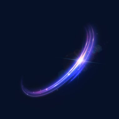 Parlak neon girdabı. Karanlık bir arka planda parlak bir parıltıyla yarı dairesel çizgiler. Oyun arayüzleri için parıldayan çizgilerin etkisi. Vektör