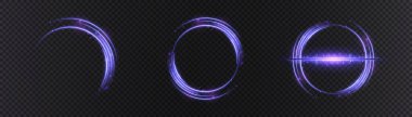 Mor ışık halkaları, kıvılcımlar ve parıltı efektli yarı halkalar. Fütürist tasarım, arayüzler ve kapaklar için elementler. EPS vektörü