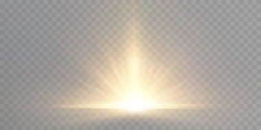 Altın ışık çizgileriyle soyut ışık efekti ve şeffaf arkaplanda dikey projeksiyondaki ışık flaşı. Vektör illüstrasyonu