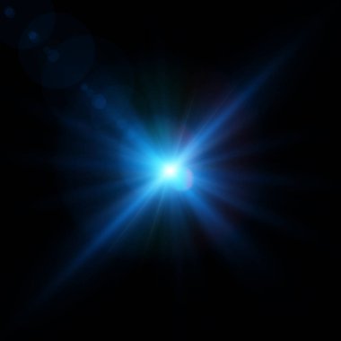 Parlak mavi mercek ışık yansıması yapıyor. Çizimler ve oyun arayüzü tasarımı için soyut parlaklık ve yıldız efekti. Vektör