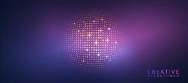 Menekşe mavisi arkaplanda turuncu noktaların parlayan küresel ızgarası. Dijital sanat ve veri görselleştirme biçiminde derinlik efekti ve ışıltısı olan soyut arkaplan.