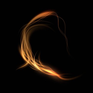 Soyut spiral ışık yolu, parlak altın renginde, yumuşak ışıltılı ve karanlık arka planda parçacık efektli. Enerji kavramları, dijital teknoloji tasarımı ve UI elementleri için mükemmel..