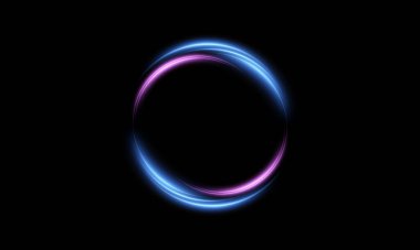 Parlayan parlak ışık efektleri ve parıldayan parlak çizgileri olan parlak mavi sihirli daire ışık efekti. Web tasarımı ve oyun arayüzleri için sihirli parlak daire çizgileri. Vektör