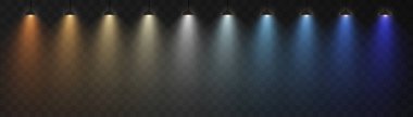 Şeffaf arkaplanda renkli ışınlar olan bir set spot ışığı. Sahne ışıklandırması, sunum sahneleri, tiyatro veya ürün renklendirme efektleri için ideal.