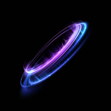 Mavi ve mor ışık dalgaları yayan parlak bir ışık halkası nesnesi. Bir enerji ve dinamik hissi yaratır, kozmik bir cisim veya teknolojik yapıyı anımsatır..