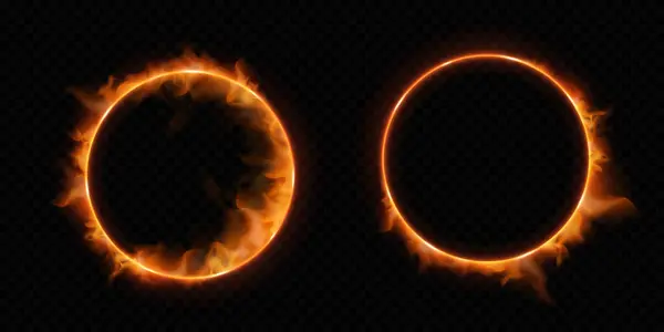 Ateş çemberi, alev çemberi, siyah arka planda ateş efekti. Vektör