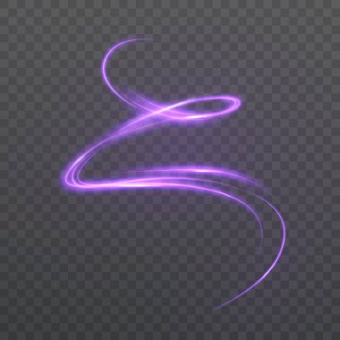 Şeffaf arkaplanda yumuşak parıltılı kıvrımlı mor ışık çizgisi. Soyut etki bir hareket, enerji ve dijital fantezi hissi yaratır..