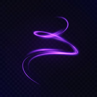 Şeffaf arkaplanda yumuşak parıltılı kıvrımlı mor ışık çizgisi. Soyut etki bir hareket, enerji ve dijital fantezi hissi yaratır..