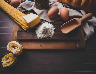  Makarna başına malzeme, farina, su un tagliere di legno 