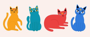 Renkli kedileri olan vektör illüstrasyon koleksiyonu. Sevimli baskı tasarımları, soyut elementlere sahip evcil hayvanlar.