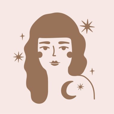 Ay ve yıldızlı güzel genç kadın başlıklı vektör illüstrasyonu. Kızlarla moda desen tasarımı.