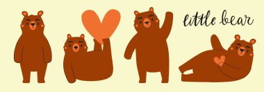 Ayılar, kalpler ve harflerle çizilmiş vektör illüstrasyonu. Küçük ayı. Renkli tipografi baskısı koleksiyonu, orman hayvanı, çocukça giysi baskısı tasarımı
