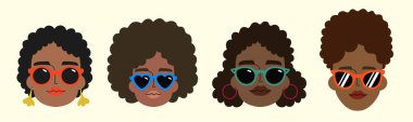 Siyahi Afro Afro-Amerikalı bir kızla vektör çizimi. Renkli güneş gözlüklü kadın portresi yüz, kıvırcık doğal dalgalar saç kabarık saç modeli iz koleksiyonu
