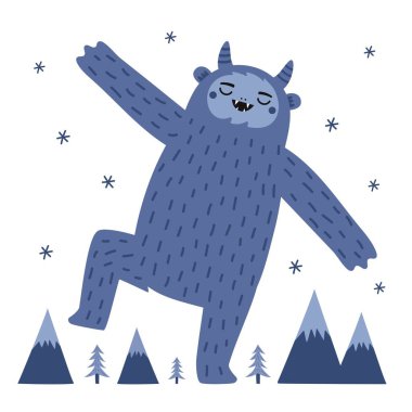 Dans eden Yeti, dağlar ve çam ağaçları ile vektör illüstrasyonu. Tatlı vahşi hayvan etiketi ya da tebrik kartı. Ev dekorasyonu poster şablonu