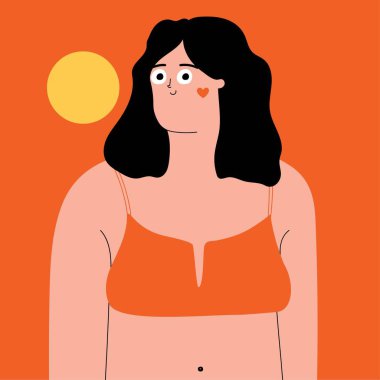 Vector yaz dönemi illüstrasyon kartı kızı kırmızı mayo ve sarı güneş. Tebrik kartı, poster, el ilanı, pankart için tatil çizgi film şablonu.