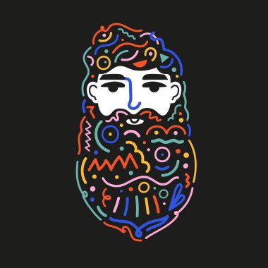 Sakallı adam ve karalama elementleriyle soyut baskı tasarımı. Renkli poster, geometrik elementlerle moda deseni