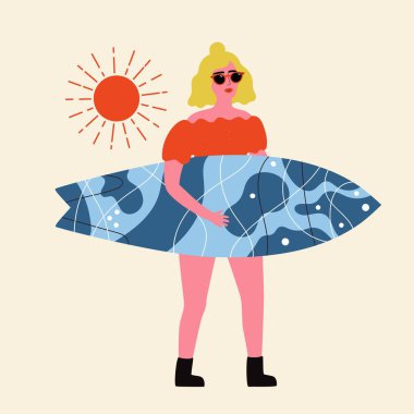 Kırmızı güneş gözlüklü bir kadının mavi soyut sörf tahtasıyla yürüdüğü vektör çizimi. Yaz sörfü giysi baskısı tasarımı