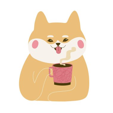 Shiba inu 'nun çay, kahve ya da pembe bardaktan sıcak çikolata içtiği vektör çizimi. Hoş giysi baskısı tasarımı, kafe menüsü ve duvar süsleme posteri.