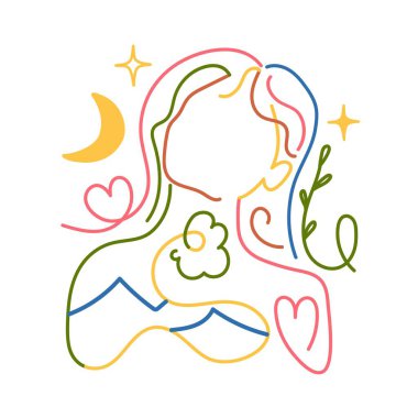 Renkli vektör kadın kafa, vücut, mavi dağlar, ay, yıldızlar ve çiçekler. İlham verici doğa aşığı baskısı tasarımı, bütünsel iyileşme meditasyonu, Reiki yeni çağ konsepti sanatı, modern kadın soyut