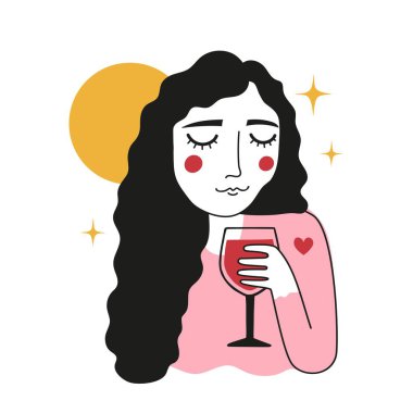 Elinde kırmızı şarap kadehi olan bir kadın illüstrasyonu. Güneş, yıldızlar ve kırmızı kalp. Moda kıyafet baskısı tasarımı, ev dekorasyonu posteri