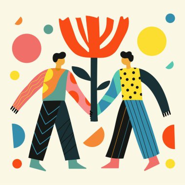 Arkadaşları ya da eşleri olan vektör illüstrasyonları birbirini destekliyor ve büyük kırmızı çiçekleri tutuyor. Akıl sağlığı, iletişim, ilişki sanatı. İnsanlarla soyut illüstrasyon, takım çalışması baskısı