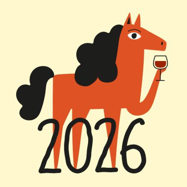 Kırmızı at, şarap kadehi ve 2026 numaralı vektör çizimi. Hayvanlı yeni yıl baskısı tasarımı, kırmızı at, şarap kadehi ve 2026 numaralı vektör illüstrasyonlu tebrik kartı şablonu. Hayvan ve tebrik kartı şablonlu yeni yıl baskısı tasarımı