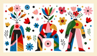 Vektör illüstrasyonunda soyut insanlar, çiçek vazoları ve saksılar olarak vücutlar var. Akıl sağlığı, duygular, olumlu zihin etiketi tasarımı. İlham verici tebrik kartı şablonları, duvar süsleme posteri