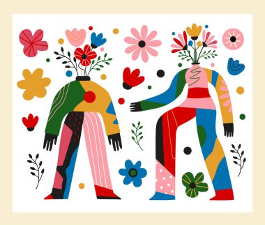 Vektör illüstrasyonunda soyut insanlar, çiçek vazoları ve saksılar olarak vücutlar var. Akıl sağlığı, duygular, olumlu zihin etiketi tasarımı. İlham verici tebrik kartı şablonları, duvar süsleme posteri