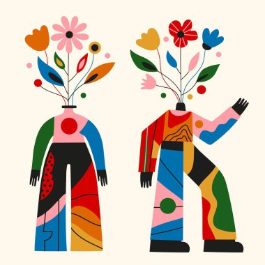 Vektör illüstrasyonunda soyut insanlar, çiçek vazoları ve saksılar olarak vücutlar var. Akıl sağlığı, duygular, olumlu zihin etiketi tasarımı. İlham verici tebrik kartı şablonları, duvar süsleme posteri