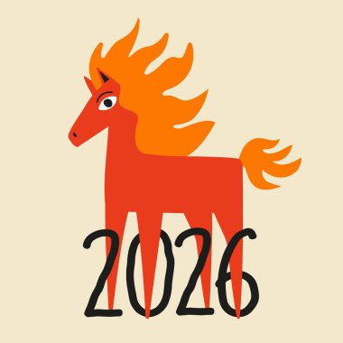 Alev saçlı kırmızı atlı vektör illüstrasyonu ve 2026 numara. Hayvanlar ve tebrik kartı şablonlarıyla yeni yıl baskı tasarımı. Hayvanlar ve tebrik kartı şablonları ile yeni yıl baskı tasarımı.