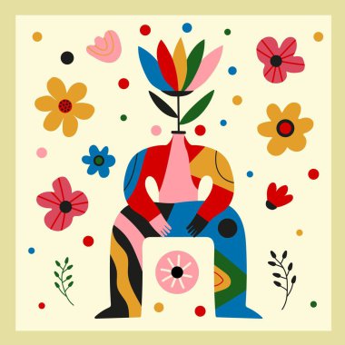 Soyut erkek ya da kadın vektör illüstrasyonu, çiçek vazosu ya da çömlek gibi vücut. Akıl sağlığı, duygular, pozitif akıl konsepti sanat tasarımı. İlham verici tebrik kartı şablonu, duvar süsleme posteri