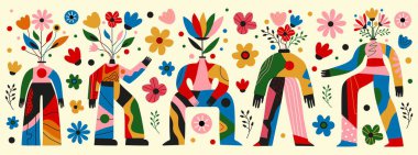 Vektör illüstrasyonunda soyut insanlar, çiçek vazoları ve saksılar olarak vücutlar var. Akıl sağlığı, duygular, olumlu zihin etiketi tasarımı. İlham verici tebrik kartı şablonları, duvar süsleme posteri