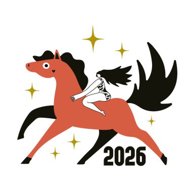 Siyah saçlı kırmızı atlı vektör illüstrasyonu, binen uzun saçlı kadın, yıldızlar ve 2026 numara. Hayvan ve tebrik kartı şablonlu yeni yıl baskısı tasarımı