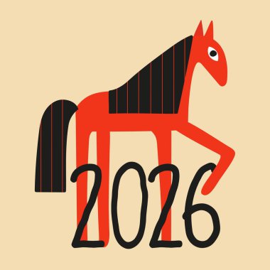 Siyah saçlı kırmızı atlı vektör illüstrasyonu ve 2026 numara. Hayvanlar ve tebrik kartı şablonlarıyla yeni yıl baskı tasarımı. Hayvanlar ve tebrik kartı şablonları ile yeni yıl baskı tasarımı.