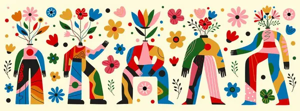 Vektör illüstrasyonunda soyut insanlar, çiçek vazoları ve saksılar olarak vücutlar var. Akıl sağlığı, duygular, olumlu zihin etiketi tasarımı. İlham verici tebrik kartı şablonları, duvar süsleme posteri