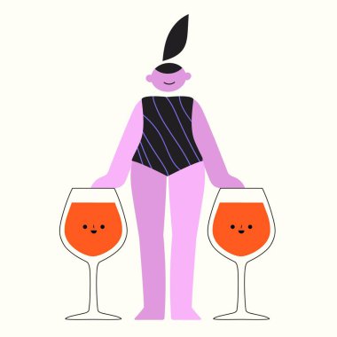 Soyut kadın ve bir bardak kokteyl ya da kırmızı şarap içeren vektör çizimi. Parti yaz baskısı tasarımı, tebrik kartı şablonu