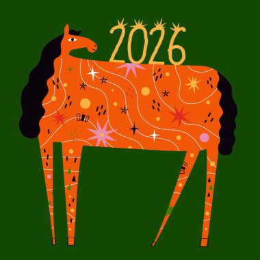 Kırmızı ve siyah atlı, pembe, sarı, yeşil, beyaz soyut elementli vektör çizimi. 2026 kutlaması. 2026 yılının sembolü çiftlik hayvanlarıyla birlikte baskı tasarımı. Tebrik kartı, giysi, poster.