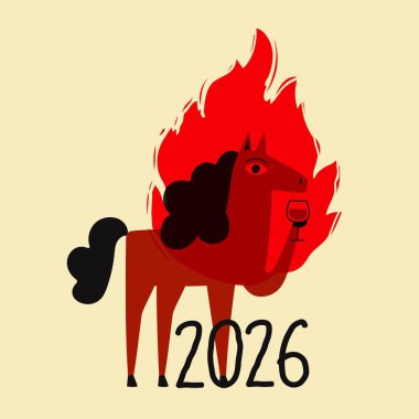 Şarap ya da alkol bardağı ve alevi olan kırmızı atlı vektör çizimi. Çiftlik hayvanı, tebrik kartı şablonu ve parti reklamlarıyla 2026 yılını kutluyoruz.