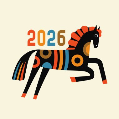 Siyah at ve kırmızı, mavi, yeşil soyut elementlerle vektör çizimi. Hayvanlı, tebrik kartı şablonlu, soyut posterli 2026 yılının sembolü