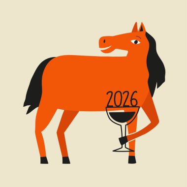 Şarap ya da alkol bardaklı kırmızı at ve 2026 numaralı vektör illüstrasyonu. Çiftlik hayvanı ve tebrik kartı şablonuyla 2026 yılını kutluyoruz.